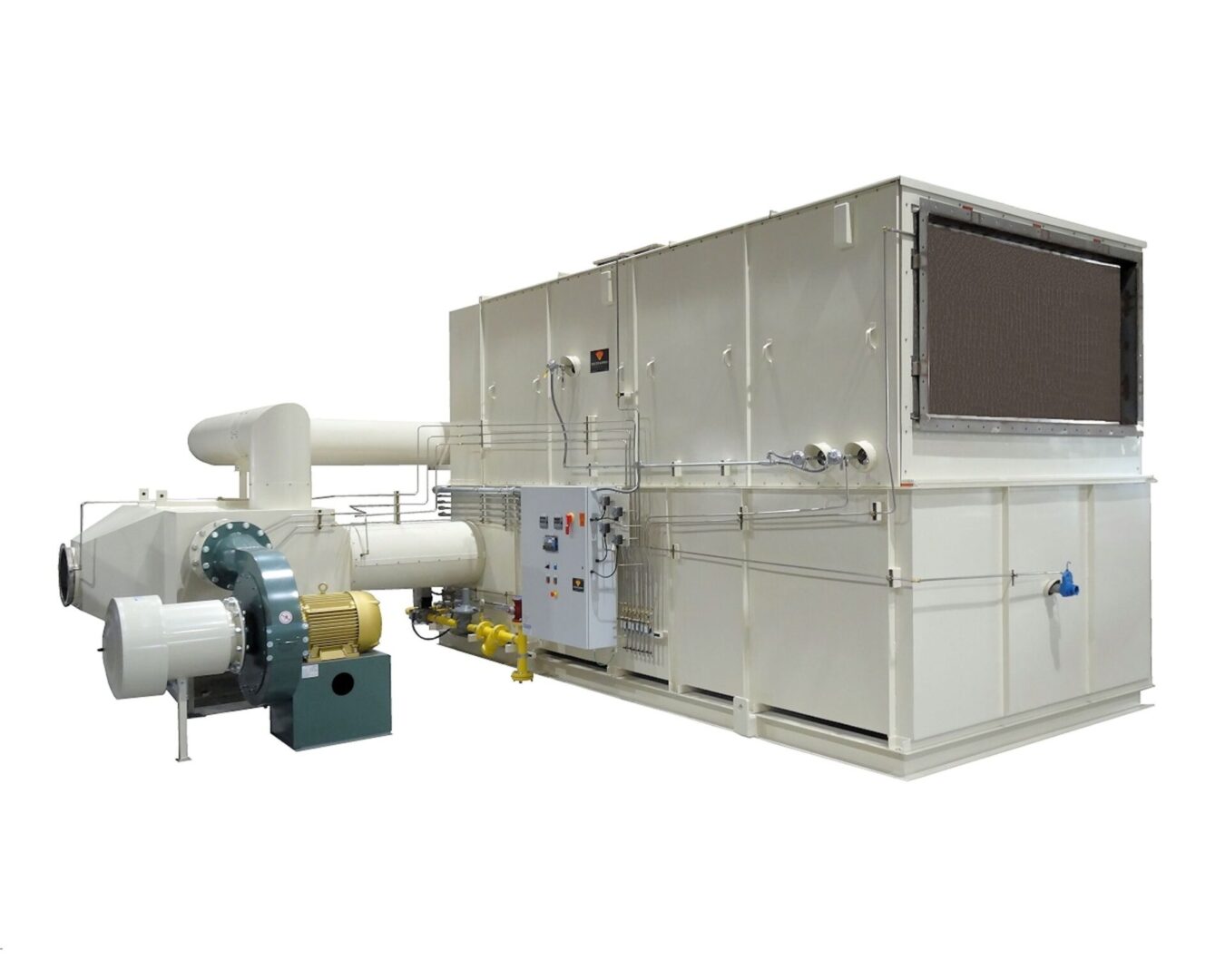 Recirculating Indirect Air Heater packaged with hot side blowers, air heat burners, heat exchanger and controls.
