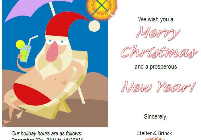 A christmas card with santa clause sitting in the back of an umbrella.