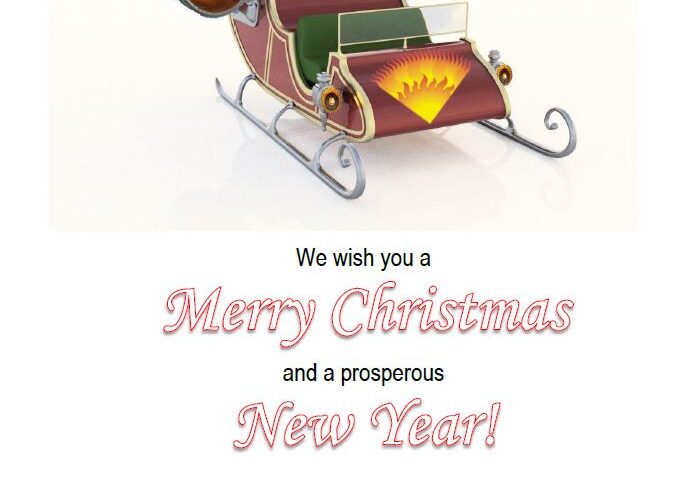 A christmas card with a sleigh and lights.