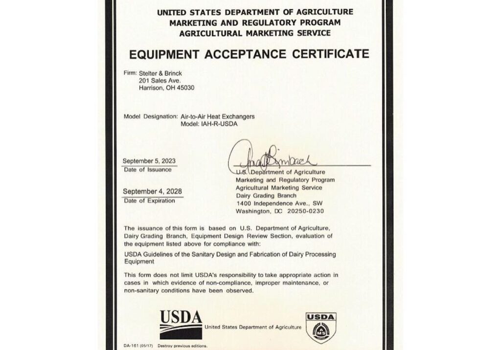 A certificate of equipment acceptance from usda.