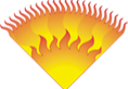 A yellow and red heart with flames on it.